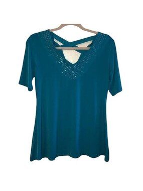Notations Teal Short-Sleeve Top Rhinestone V-Neck & Criss-Cross Back Size S